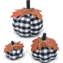 Set Of 3 Assorted Sized Fabric Black And White Plaid Pumpkins Harvest Decor With Leaf Accent