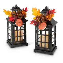 Set Of 2 Autumn Lanterns With Fall Floral Accents, Led Candle