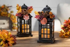 Set Of 2 Autumn Lanterns With Fall Floral Accents, Led Candle