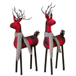 Set Of 2 Christmas Holiday Deer Figurines, Red And Black Plaid