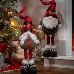 Set Of 2 Christmas Holiday Gnome Figurines, Black Red Gingham