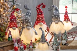 Set Of 2 Christmas Lighted Gnome Figurines, Silver And Red