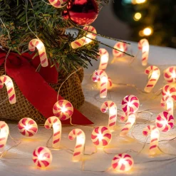 Set Of 3 10Ft L Battery Operated Acrylic Candy Cane Micro Led Light String, 30 Warm White Lights