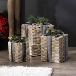 Set Of 3 Holiday Christmas Present Decor, Neutral Farmhouse