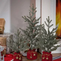 Set Of 3 Holiday Pine Trees With Christmas Jingle Bell Base