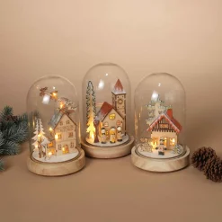 Set Of 3 Holiday Scene Lighted Glass Domes