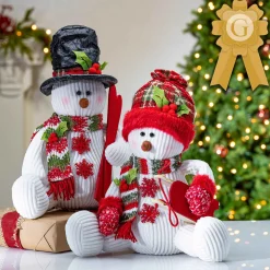 Set Of 2 Holiday Snowman Figurine Decor, Red And Green