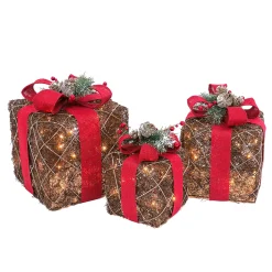 Set Of 3 Holiday Vine Christmas Present Led Outdoor Yard Decor