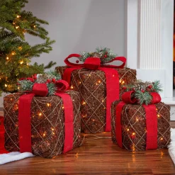 Set Of 3 Holiday Vine Christmas Present Led Outdoor Yard Decor
