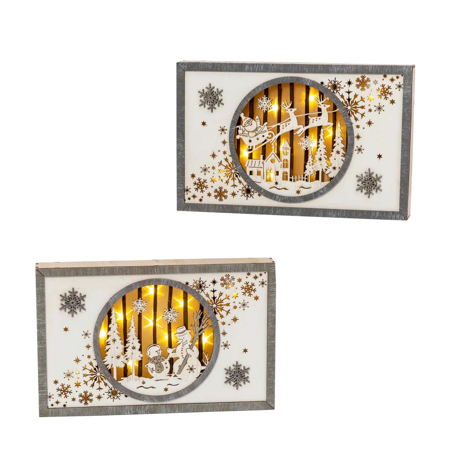 Set Of 2 11-In Battery- Operated Lighted Laser Cut Wood Holiday Scene Wall Decor