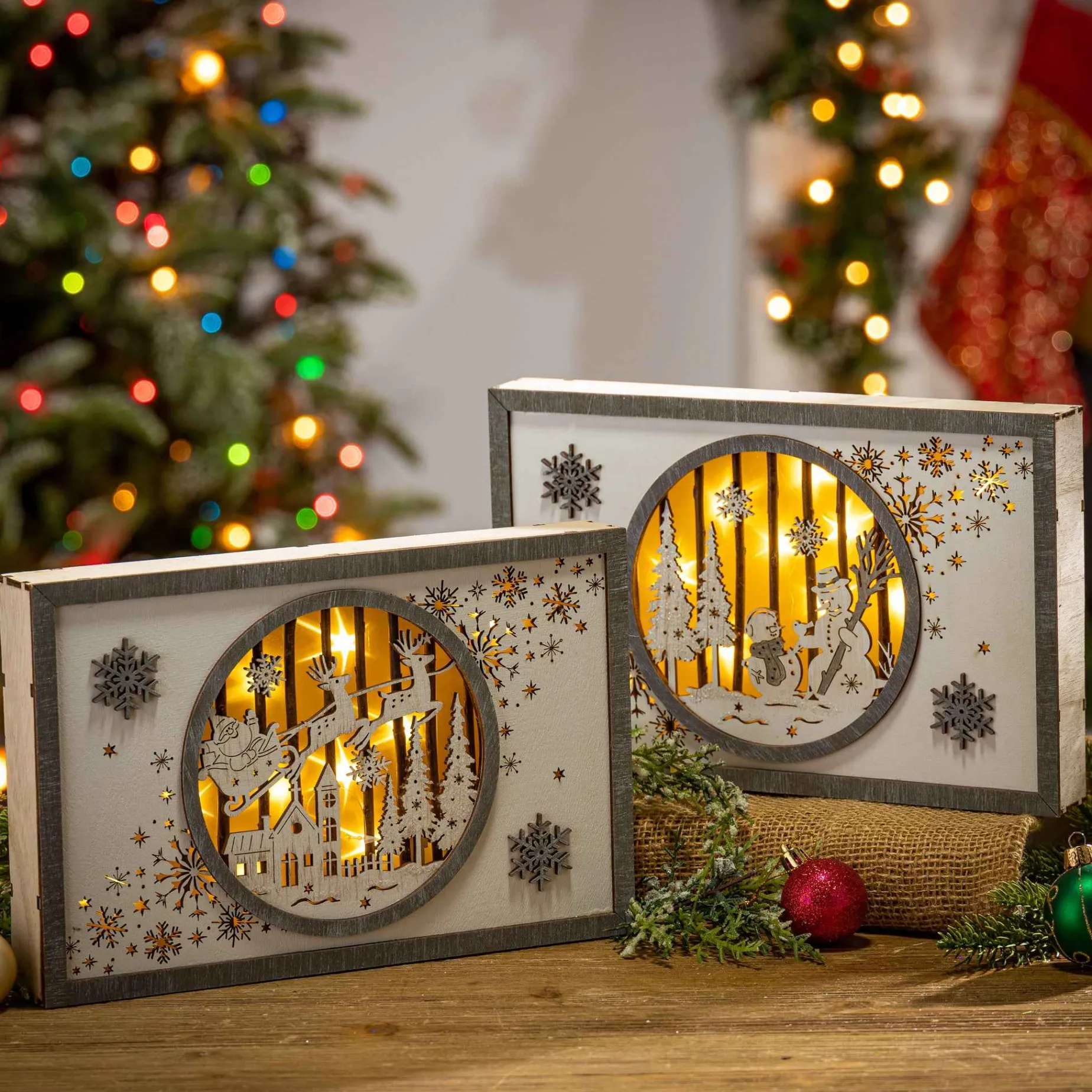Set Of 2 11-In Battery- Operated Lighted Laser Cut Wood Holiday Scene Wall Decor