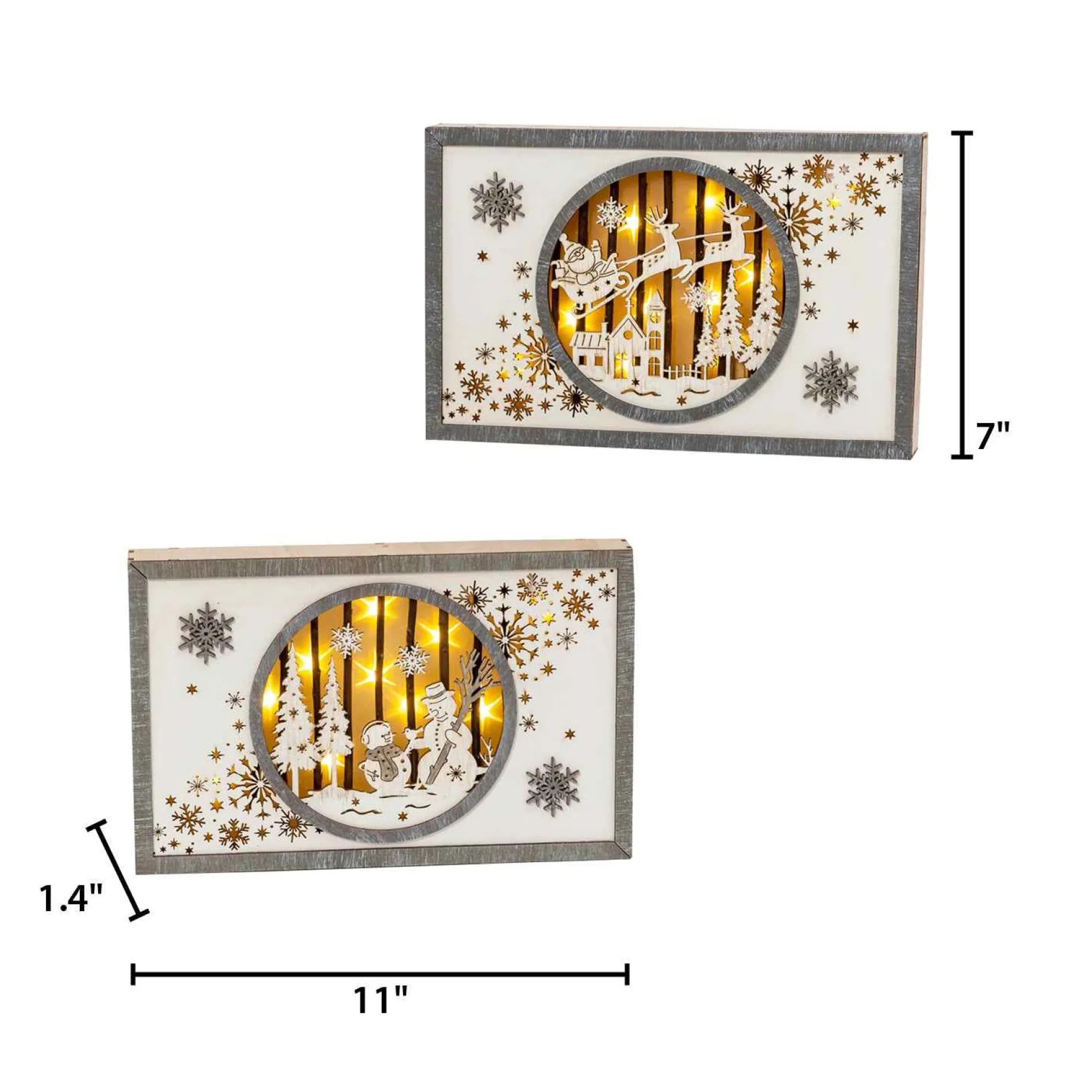 Set Of 2 11-In Battery- Operated Lighted Laser Cut Wood Holiday Scene Wall Decor