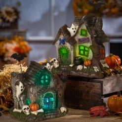Set Of 2 Lighted Halloween Haunted Houses, Battery Operated
