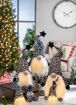 Set Of 2 Lighted Leopard Print Gnome Figurines, Battery Operated