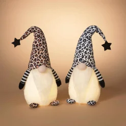 Set Of 2 Lighted Leopard Print Gnome Figurines, Battery Operated