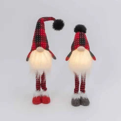 Set Of 2 Lighted Plush Red And Black Plaid Holiday Standing Gnomes, Battery Operated