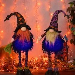 Set Of 2 Lighted Plush Standing Spooky Halloween Gnomes