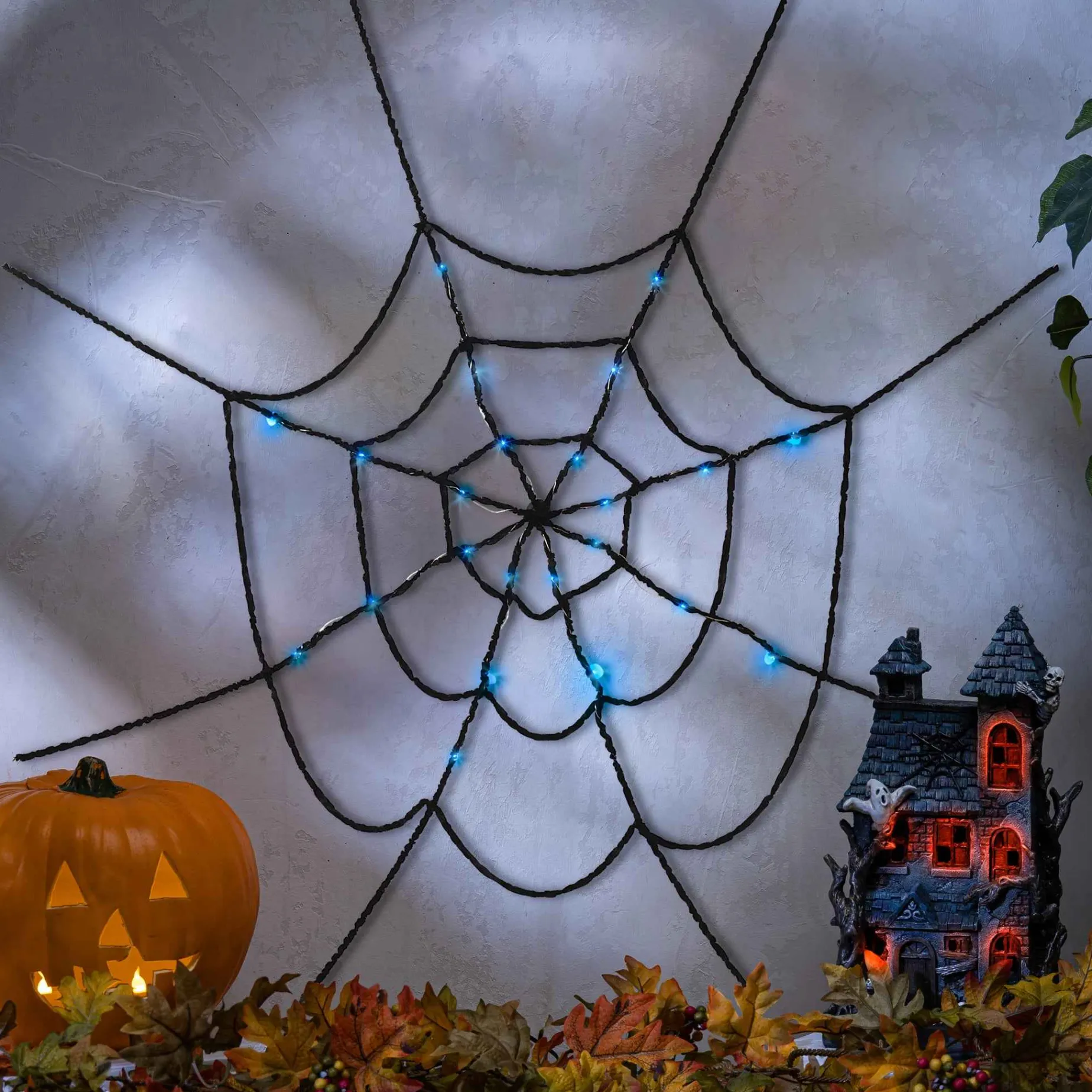 Set Of 2 Lighted Spooky Halloween Spider Web, Battery Operated