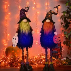 Set Of 2 Lighted Whimsical Halloween Gnomes With Flexible Legs