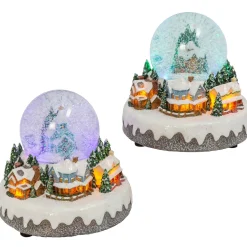 Set Of 2 Musical Light Snow Globe With Christmas Village Scene