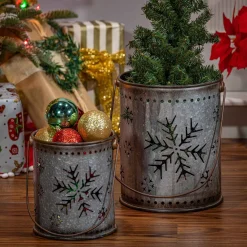Set Of 2 Nesting Metal Galvanized Snowflake Luminaries, Lg Is 19.8-In H (Including Handle)
