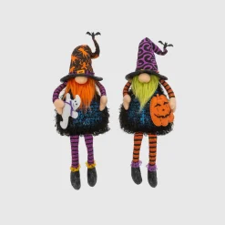 Set Of 2 Plush Lighted Halloween Shelf Sitter Gnomes, Battery Operated