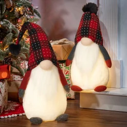 Set Of 2 Red And Black Plaid Christmas Holiday Lighted Gnomes