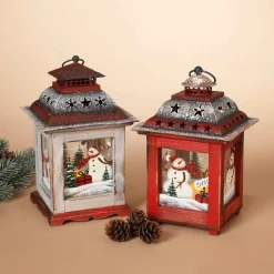 Set Of 2 Rustic Farmhouse Christmas Holiday Snowmen Lanterns