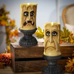 Set Of 2 Spooky Decor Gothic Halloween Resin Candles With Faces