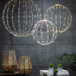 Set Of 3 Whimsical Lighted Metal Spheres, Warm White Leds