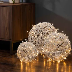 Set Of 3 White Modern Organic Vine Balls, Battery Operated Led