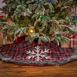 Snowflake Christmas Holiday Tree Skirt, Faux Fur Buffalo Plaid