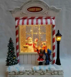 Snowy Candy Cane Shop With Led Warm White Light Up Santa Chef Scene Spinning Glitter Waterglobe