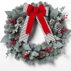 Snowy Pine Christmas Wreath With Red Berries, Pinecones, Bow