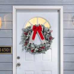 Snowy Pine Christmas Wreath With Red Berries, Pinecones, Bow