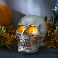 Spooky Lighted Resin Skull Creepy Halloween Decor, Led Candle