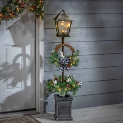 Vintage Lantern Post With Wreath And Micro Led Lights, Timer