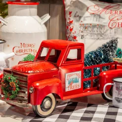 Vintage Red Metal Truck With Lighted Christmas Tree, Decor