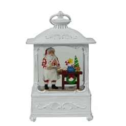 White Antique Lantern With Led Light Up Gingerbread Santa Chef Scene Spinning Glitter Waterglobe