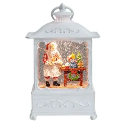 White Antique Lantern With Led Light Up Gingerbread Santa Chef Scene Spinning Glitter Waterglobe