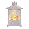 White Antique Lantern With Led Light Up Gingerbread Children Scene Spinning Glitter Waterglobe