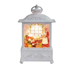 White Antique Lantern With Led Light Up Santa And Mrs Claus Scene Spinning Glitter Waterglobe