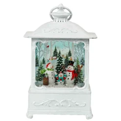 White Antique Lantern With Led Light Up Snowman Family Scene Spinning Glitter Waterglobe