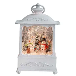 White Antique Lantern With Led Light Up Snowman Family Scene Spinning Glitter Waterglobe