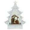 White Scroll Design Christmas Tree With Led Warm White Light Up Nativity Holy Family Scene Spinning Glitter Waterglobe