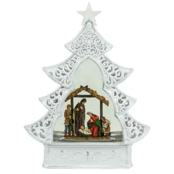 White Scroll Design Christmas Tree With Led Warm White Light Up Nativity Holy Family Scene Spinning Glitter Waterglobe
