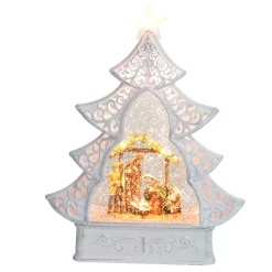 White Scroll Design Christmas Tree With Led Warm White Light Up Nativity Holy Family Scene Spinning Glitter Waterglobe