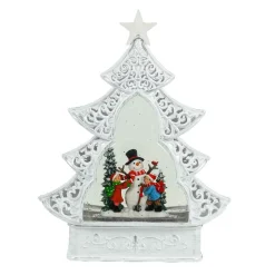 White Scroll Design Christmas Tree With Led Warm White Light Up Snowman And Kids Scene Spinning Glitter Waterglobe