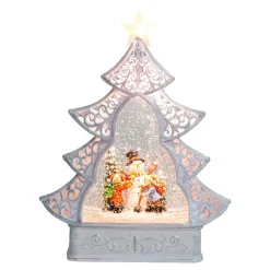 White Scroll Design Christmas Tree With Led Warm White Light Up Snowman And Kids Scene Spinning Glitter Waterglobe