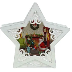 White Star Scroll Design With Led Warm White Light Up Santa Fireplace Scene Spinning Glitter Waterglobe